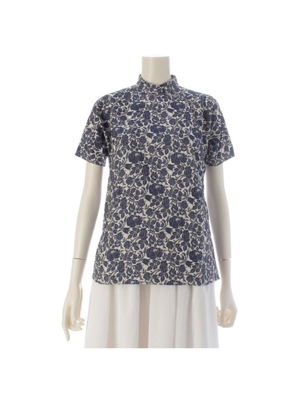 Prada Silk Rose All Over Print China Asymmetric Short Sleeve Top White Navy 38